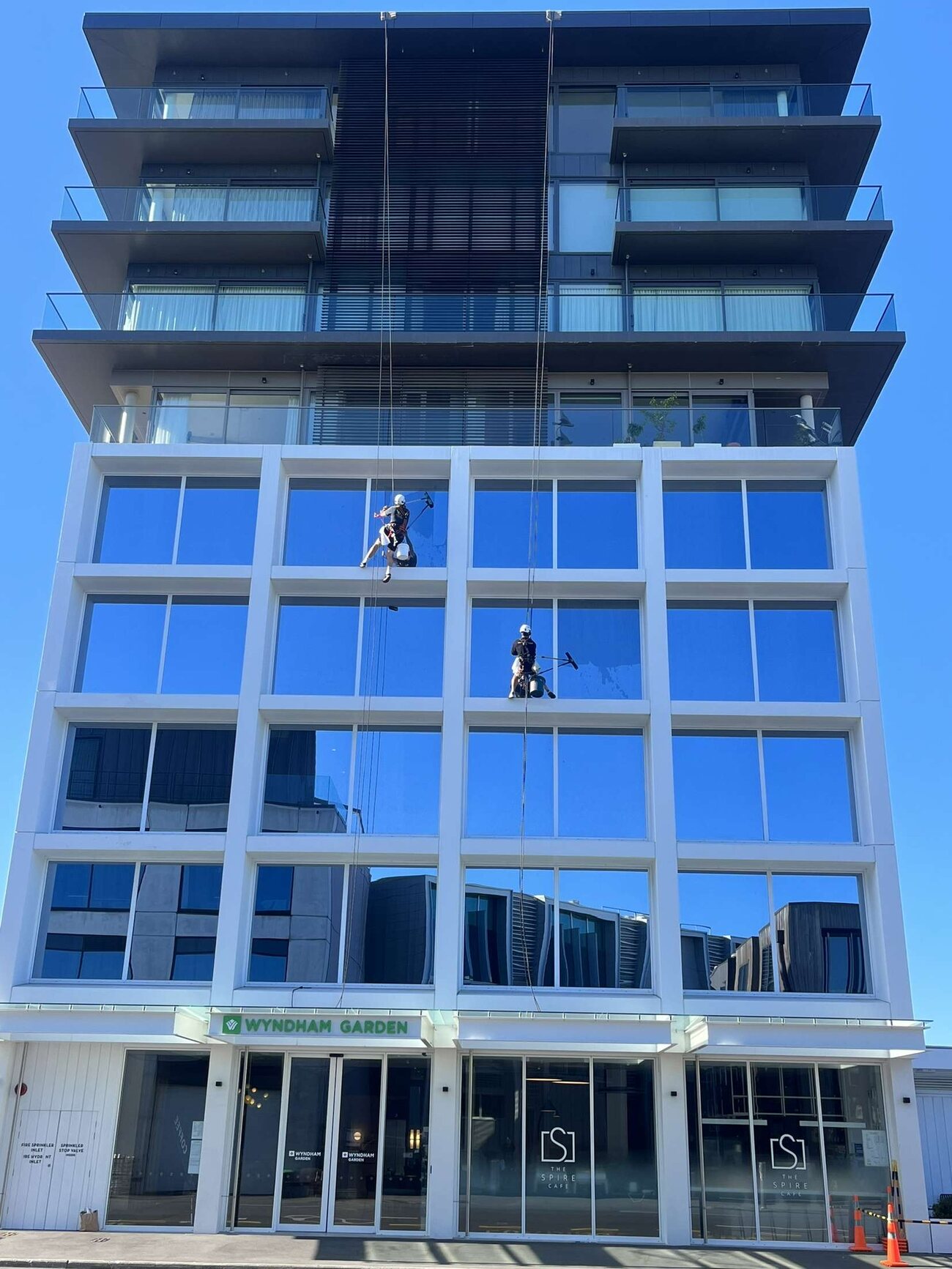 Peak Property Care technicians abseiling down the glass facade of a commercial tower