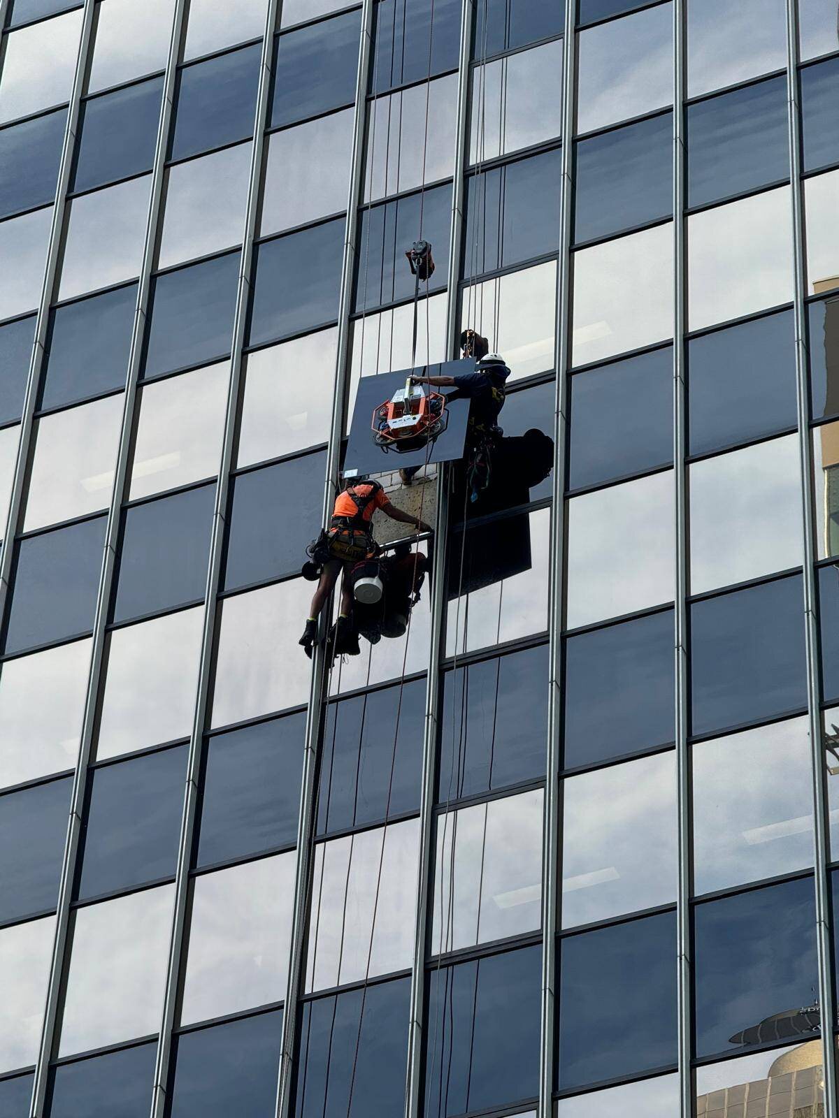 Peak Property Care rope-access technicians abseiling down a glass tower